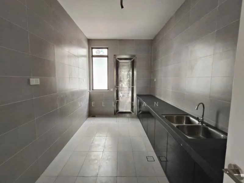 Kitchen features: grey tiled walls, white tiled flooring, double-bowl stainless-steel sink, chrome pull-down faucet, black countertop, built-in cabinetry, window for natural light, recessed lighting; style: modern.