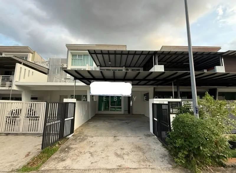 Exterior type: linked terrace house; features: two-storey building, white painted facade, black metal awning, front porch with driveway, manicured landscaping, fenced perimeter, multiple air conditioning units visible, large windows, glass sliding doors, concrete walkway; style: modern.