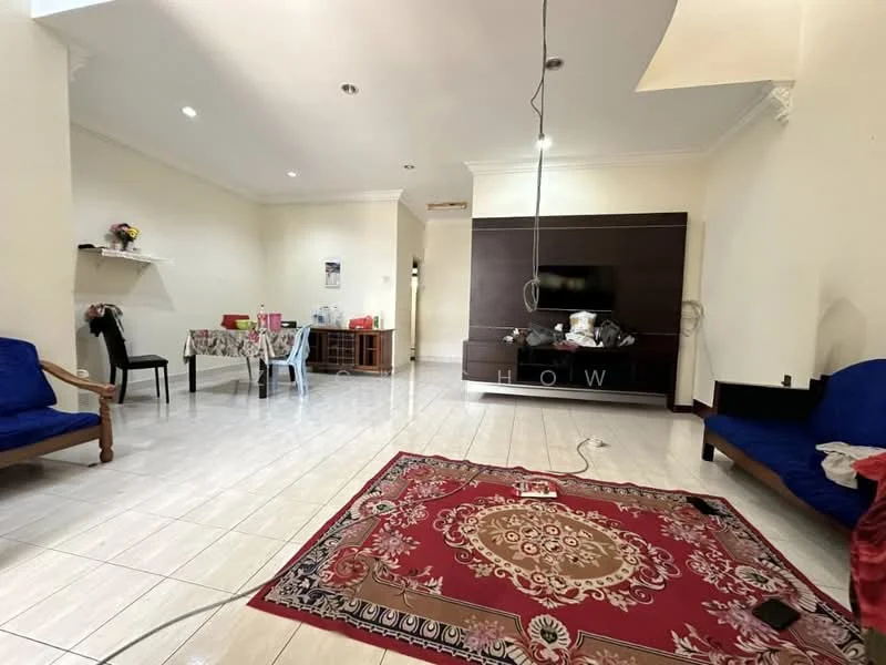 Living features: white painted walls, glossy tile flooring, recessed downlights, wall-mounted TV, wooden TV console, blue fabric sofa, blue fabric armchair, area rug with intricate pattern, dining table with floral tablecloth, wooden dining chairs, open layout, decorative wall shelf; style: modern.