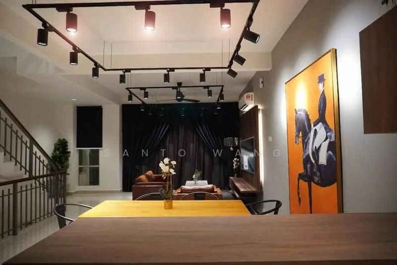 Living features: sofa in brown leather, coffee table, wall-mounted TV, track lighting, recessed downlights, black curtains, decorative artwork, wooden console, plant in ceramic pot, open layout, white walls, polished tile flooring; style: modern. Dining features: dining table, black dining chairs, wooden tabletop; style: modern.