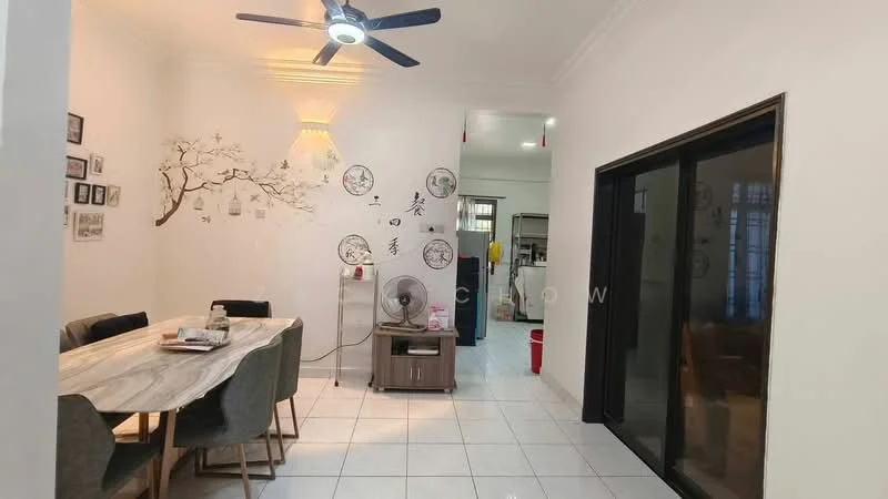 Dining features: rectangular dining table with marble top, 6 upholstered dining chairs in grey, ceiling fan with light, white painted walls, decorative wall decals, tile flooring, wall-mounted fan, sliding glass door leading to another room; style: modern. Room features: white painted walls, tile flooring, doorway leading to kitchen area.
