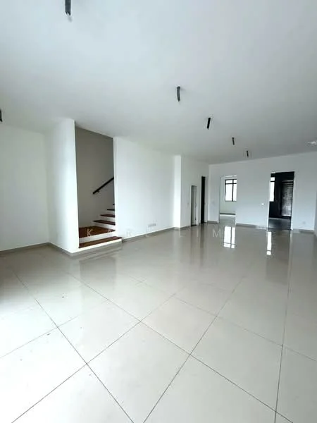 Room features: white painted walls, polished ceramic tile flooring, recessed downlights, staircase with wooden steps, large windows, open layout, neutral color scheme; style: modern.