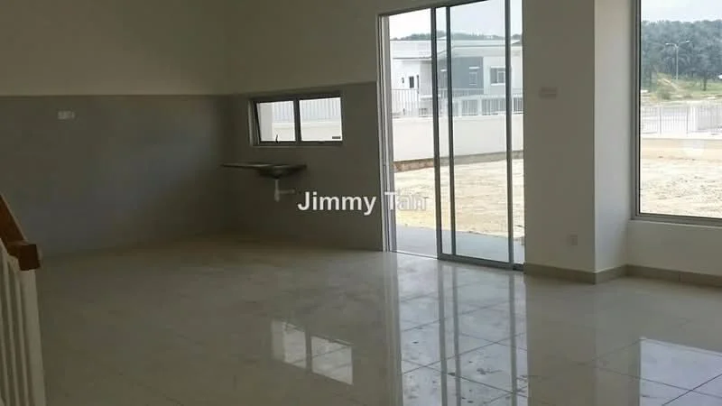 Room features: white painted walls, marble tile flooring, floor-to-ceiling windows, sliding glass door, kitchen counter with sink, natural light from windows, view of outdoor area, open layout; view: garden.