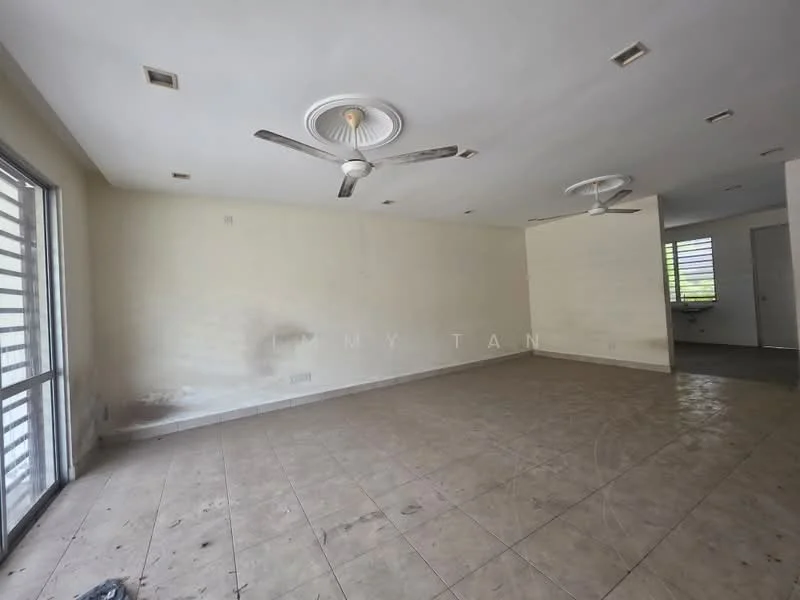 Living features: cream painted walls, tile flooring, 2 ceiling fans, floor-to-ceiling windows, natural light, no visible furniture, open layout, neutral color scheme.