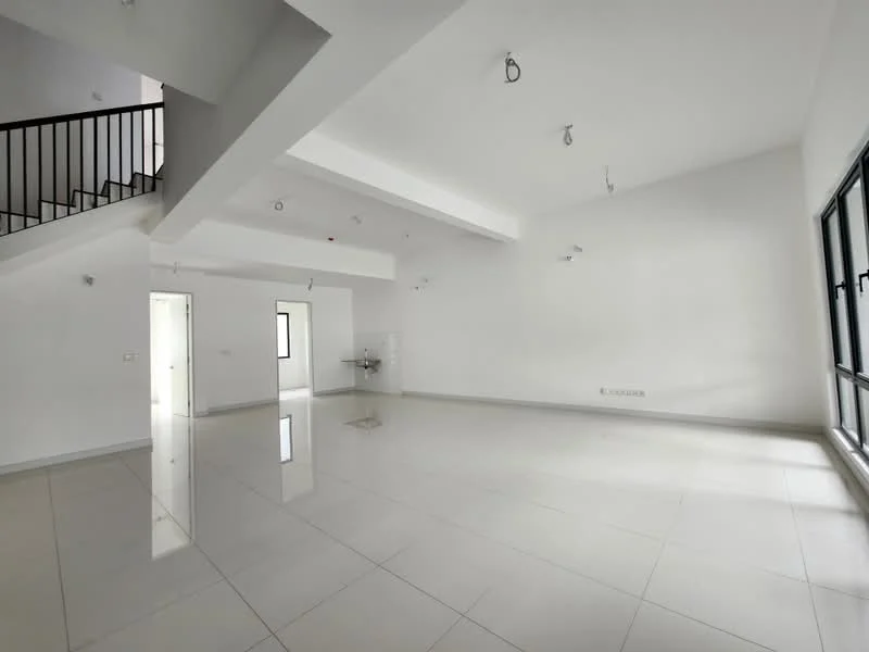 Room features: white painted walls, polished ceramic tile flooring, exposed ceiling with recessed lighting, large floor-to-ceiling windows, open layout, stainless-steel sink, no visible appliances, no visible furniture; style: modern.