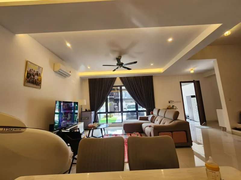 Living features: 5-blade ceiling fan with light, sofa in beige, coffee table, wall-mounted TV, TV console, area rug, floor-to-ceiling windows, curtains, recessed downlights, white painted walls, marble tile flooring; style: modern; view: garden.