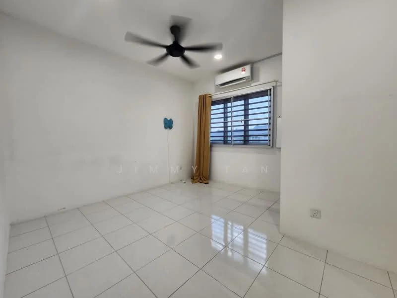Room features: white painted walls, glossy white tile flooring, 5-blade ceiling fan, wall-mounted split AC, window with horizontal slats, curtain with gold color, light blue wall decor, no visible furniture; style: minimalist; view: city.