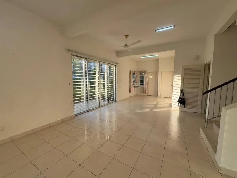 Living features: white painted walls, ceramic tile flooring, 5-blade ceiling fan, floor-to-ceiling windows, sliding glass door, window treatments with blinds, natural light from windows, open layout, access to balcony, neutral color scheme; style: modern; view: garden.