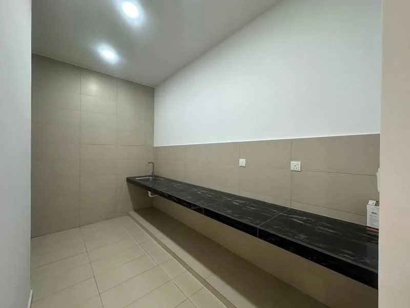 Laundry features: black granite countertop, wall-mounted faucet, light beige tiled walls, light beige tiled flooring, recessed LED downlights, long countertop with no cabinetry, minimalist design, single wall with no windows; style: modern.