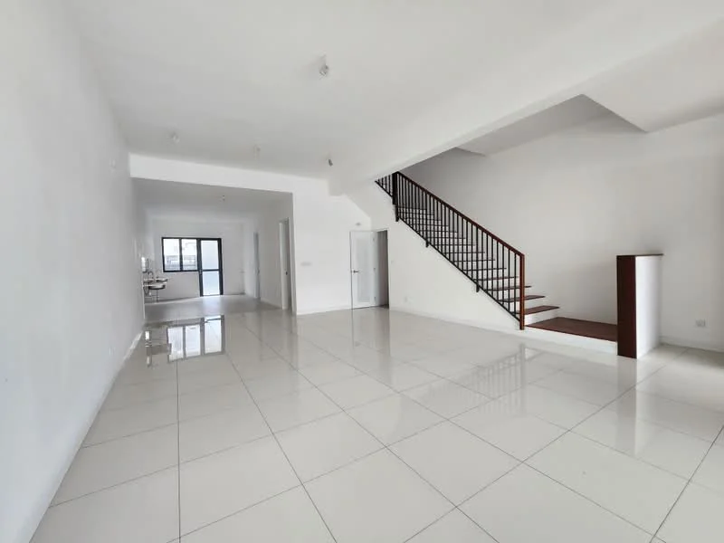 Living features: white painted walls, glossy white tile flooring, high ceiling, staircase with wooden steps and metal railing, large windows providing natural light, open layout, recessed downlights, no visible furniture; style: modern. Room features: white painted walls, glossy white tile flooring, large windows, open layout, no visible furniture.