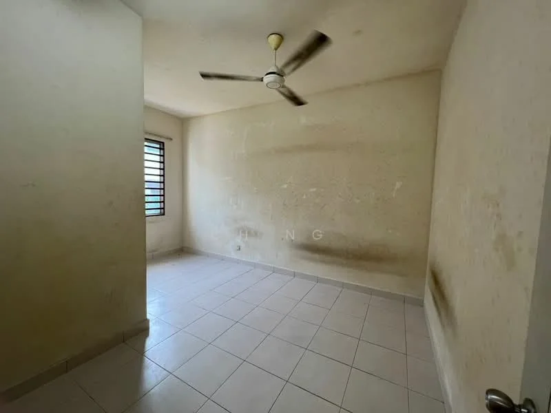 Room features: white painted walls, ceiling fan, tile flooring, window with horizontal bars, natural light from window.