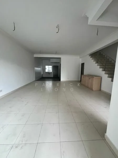 Room features: white painted walls, tile flooring, large windows, staircase, open layout, ceiling lights, built-in cabinetry, neutral color scheme; style: modern.