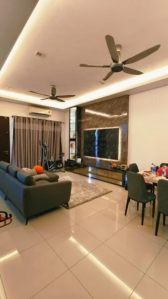 Living features: grey fabric sofa, area rug with geometric pattern, 2 ceiling fans, wall-mounted TV, TV console with storage, recessed LED downlights, cream painted walls, large window with sheer curtains, decorative wall panel with stone finish, dining table with 4 chairs, exercise bike; style: modern.