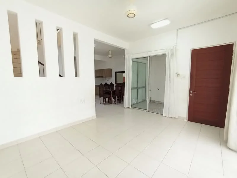 Living features: white painted walls, tile flooring, ceiling light, sliding glass door, curtains, open layout, access to dining area, natural light from windows; style: modern.