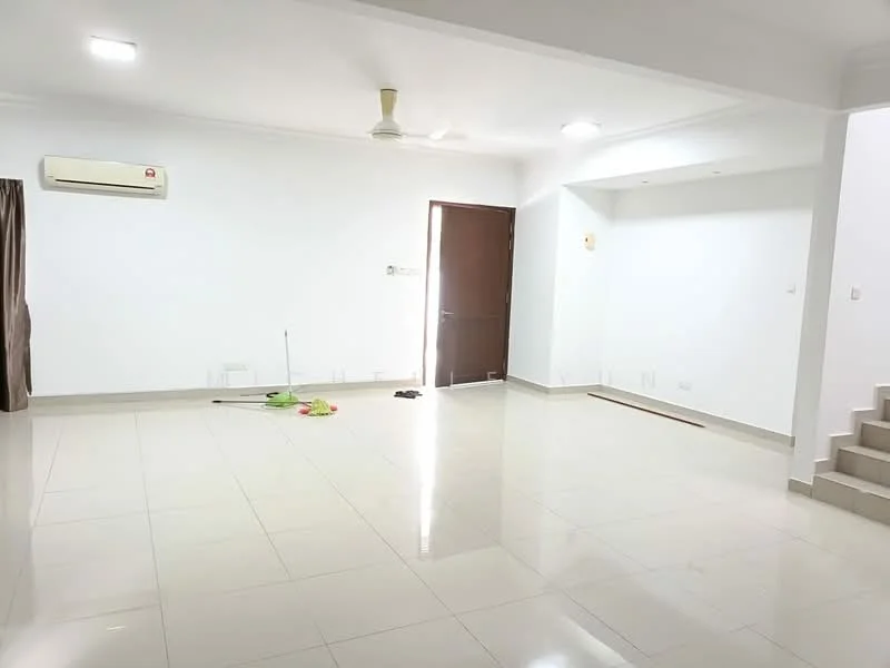Living features: white painted walls, glossy tile flooring, ceiling fan, wall-mounted split AC, door leading outside, staircase visible, natural light from window, curtains on window; style: modern.
