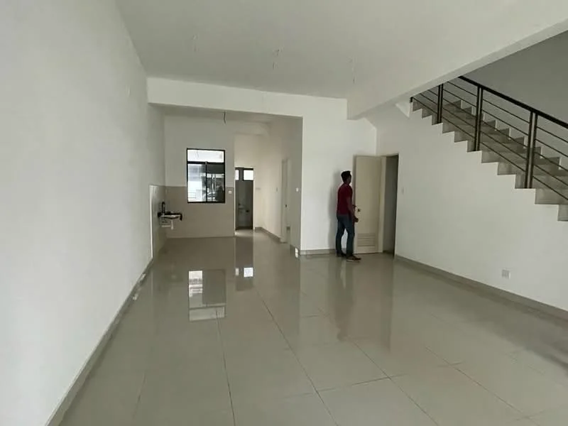 Room features: white painted walls, glossy ceramic tile flooring, large windows allowing natural light, staircase with metal railing, open layout, door leading to another room, high ceiling, neutral color scheme; style: modern.