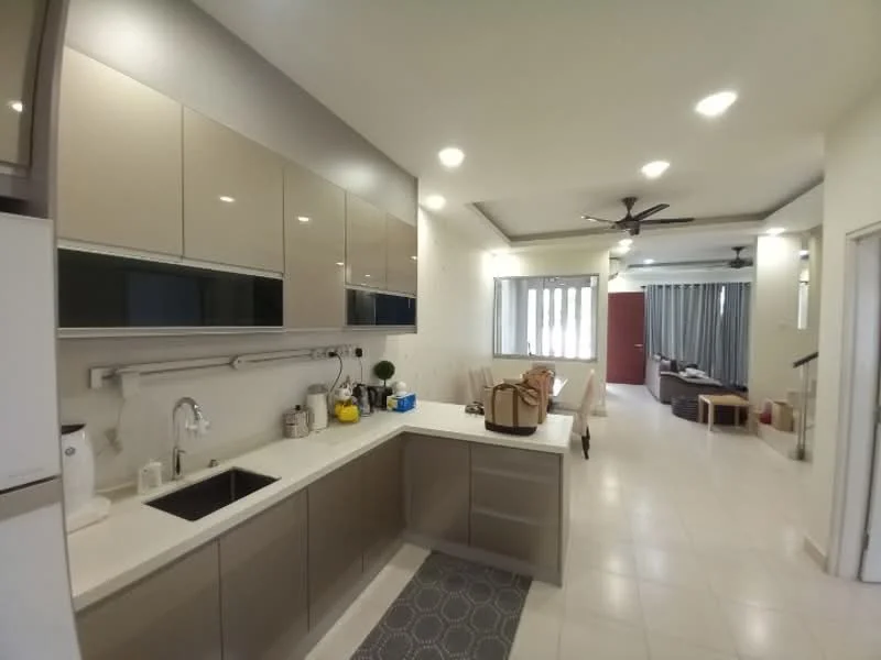 Kitchen features: L-shaped kitchen layout, light grey cabinetry with glossy finish, black countertop, single-bowl stainless-steel sink, chrome pull-down faucet, built-in oven, stainless-steel refrigerator, white tiled backsplash, recessed downlights, wall-mounted shelf, grey area rug, open layout to living area; style: modern. Living features: ceiling fan, sofa, coffee table, TV console, curtains, wall-mounted TV, decorative wall, open space to kitchen; style: modern.
