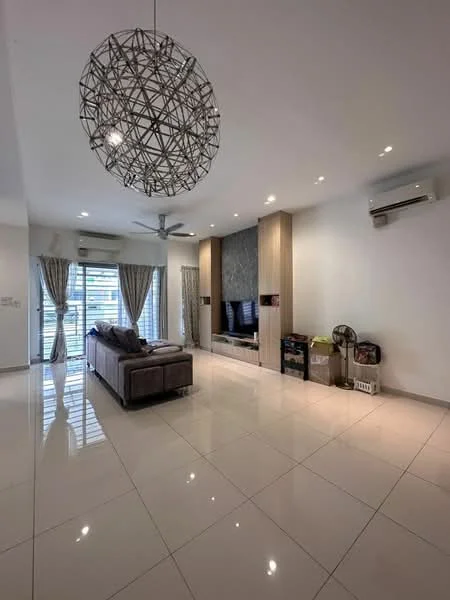 Living features: 3-seater fabric sofa in grey, coffee table, wall-mounted TV, entertainment unit, floor-to-ceiling windows, sheer curtains, 5-blade ceiling fan with light, recessed LED downlights, polished ceramic tile flooring, decorative pendant light, air conditioning unit, decorative wall with textured finish; style: modern; view: city.