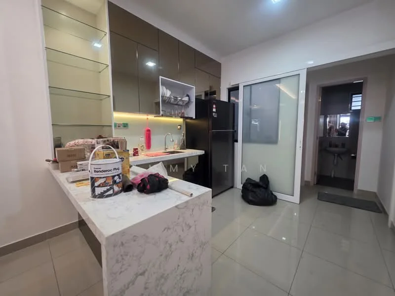 Kitchen features: marble countertop, stainless-steel sink, black refrigerator, built-in cabinets with glossy finish, glass upper cabinets, ceramic tile flooring, recessed downlights, sliding glass door, wall-mounted microwave, kitchen utensils on countertop; style: modern.