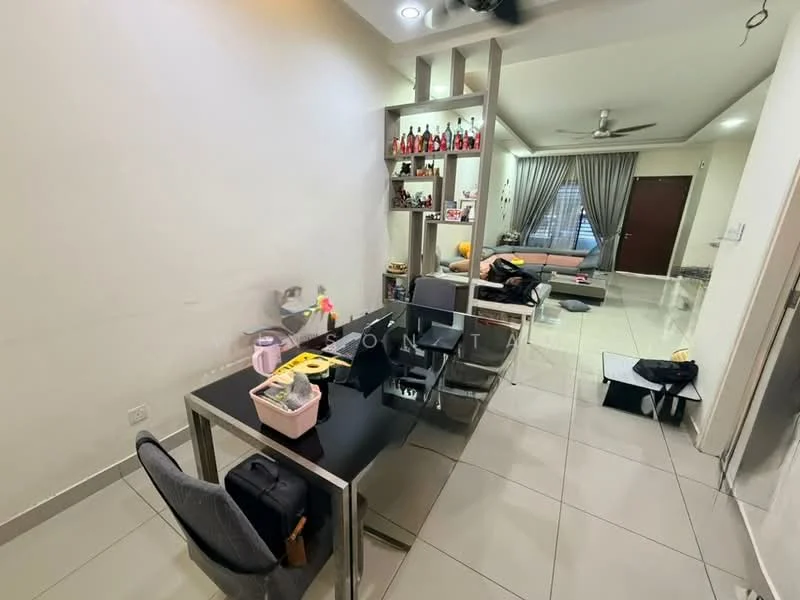 Room features: white painted walls, tile flooring, ceiling fan, recessed downlights, black desk with chairs, shelf unit with decorative items, window with curtains, sofa in background, dining table, laptop on table, decorative items on shelf; style: modern.