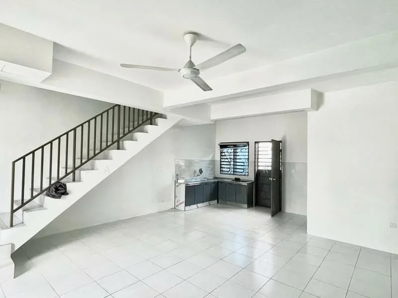 Living features: white painted walls, white tiled flooring, ceiling fan, staircase with metal railing, kitchenette with dark cabinetry, window with black grille, open layout, natural light from window; style: modern.
