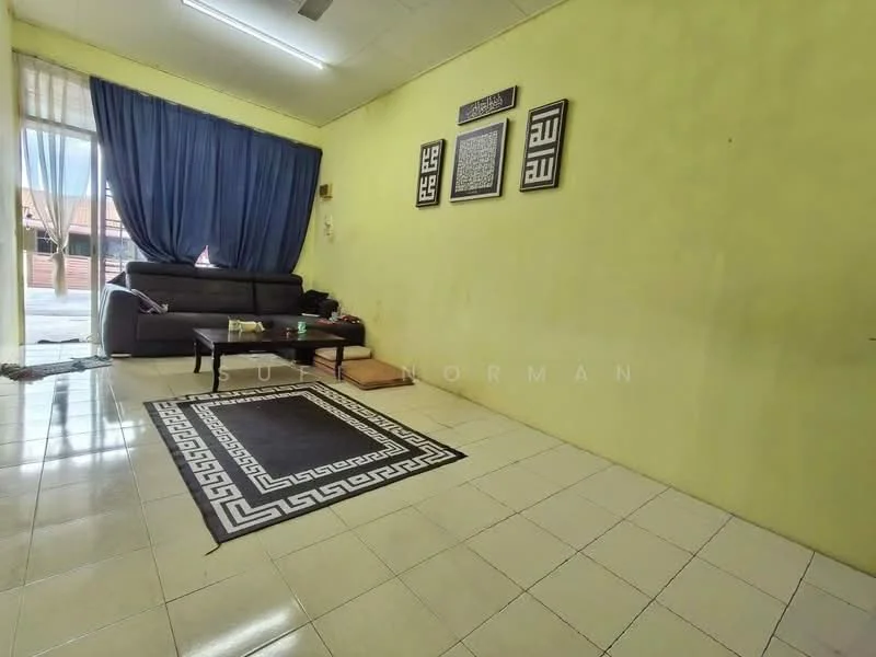 Living features: yellow painted walls, white tiled flooring, sofa in dark grey, coffee table, area rug with geometric pattern, floor-to-ceiling windows with sheer curtains, ceiling fan, decorative wall art.