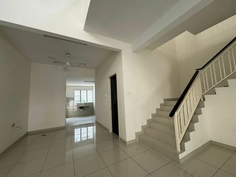 Room features: white painted walls, glossy ceramic tile flooring, ceiling fan, staircase with white railing, large windows with horizontal slats, open layout, neutral color scheme, recessed lighting; style: modern.