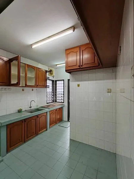 Kitchen features: light green laminate countertop, brown wooden cabinetry with glass-front upper cabinets, single-bowl stainless-steel sink, chrome pull-down faucet, white tiled walls, light blue tiled flooring, fluorescent ceiling lights, window with security grille, exhaust fan, open shelving; style: traditional.