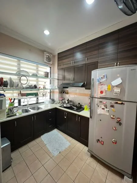 Kitchen features: dark wood cabinetry, white countertop, double-bowl stainless-steel sink, chrome pull-down faucet, built-in gas stove, stainless-steel range hood, stainless-steel fridge, tile backsplash, ceramic tile flooring, window with blinds, recessed downlights, kitchen utensils on countertop, magnetic knife holder, dish rack; style: modern.