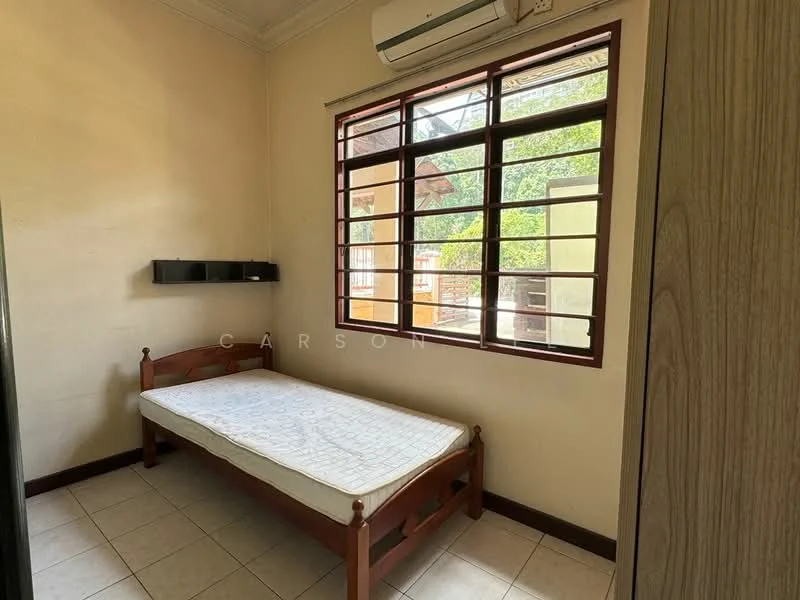 Bedroom features: single bed frame, mattress, white walls, tile flooring, window with brown frame, air conditioning unit, shelf on wall, natural light from window.
