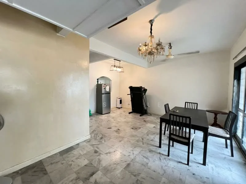 Dining features: marble tile flooring, cream painted walls, chandelier, dining table with four black chairs, wall-mounted fan, refrigerator, black exercise machine, window with sheer curtains; style: modern.