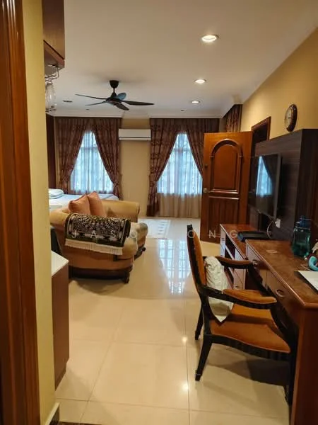 Living features: cream painted walls, glossy tile flooring, 5-blade ceiling fan with light, two large windows with sheer curtains, sofa in beige fabric, wooden coffee table, TV console, wall-mounted TV, decorative wall clock, area rug with geometric pattern, built-in wooden wardrobe, study desk with chair; style: modern.
