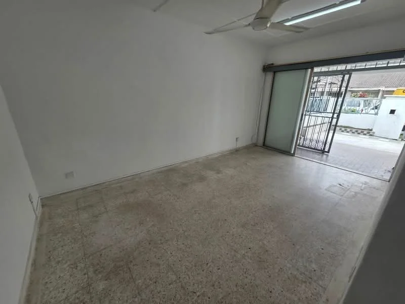 Room features: white painted walls, polished concrete flooring, ceiling fan, sliding glass door, floor-to-ceiling windows, access to outdoor area.