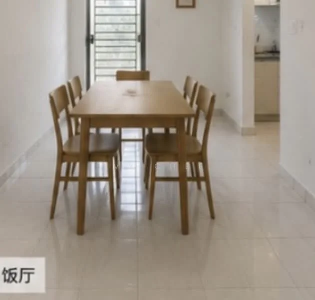 Dining features: wooden dining table, 6 dining chairs, white painted walls, glossy tile flooring, large window with metal grille, open layout to kitchen, minimalist decor, natural light; style: modern.