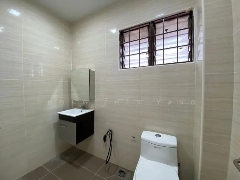 Bathroom features: cream tiled walls, grey tiled flooring, single-sink vanity with wall-mounted cabinet, framed mirror, one-piece toilet, handheld shower, window with grille, exposed plumbing; style: modern.