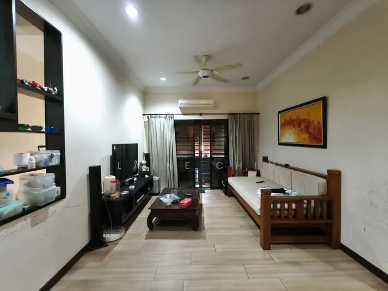 Living features: 3-seater wooden sofa, coffee table, TV console, wall-mounted TV, ceiling fan, light-colored walls, tile flooring, curtains, sliding glass door, decorative artwork on wall; style: modern.