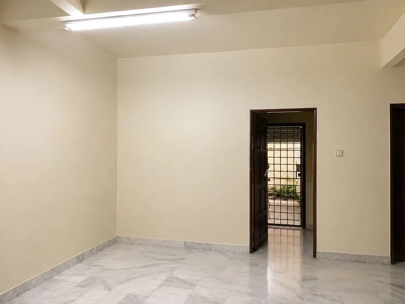 Room features: cream painted walls, marble flooring, doorway leading to another room, window with security grille, ceiling lights, neutral color scheme; style: modern; view: garden.