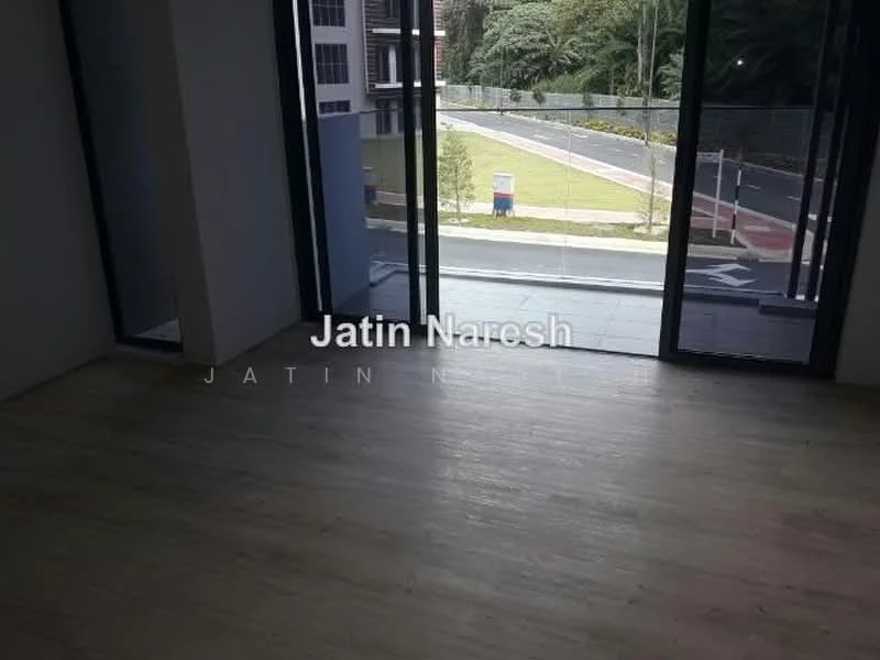 Room features: light wood flooring, floor-to-ceiling windows, sliding glass door, neutral painted walls, view of landscaped area, natural light, open space, minimalist design; style: modern; view: garden.