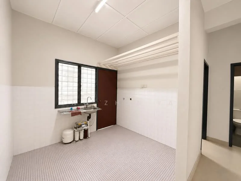 Laundry features: white tiled walls, grey tiled flooring, single-bowl stainless-steel sink, wall-mounted drying rack, window with grid pattern, door leading to another room, light fixture on ceiling.