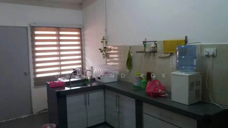 Kitchen features: grey laminate cabinetry, black countertop, single-bowl stainless-steel sink, chrome pull-down faucet, water dispenser, dish drying rack, plastic storage containers, green dish towel, window with horizontal blinds, wall-mounted shelf, decorative plant; style: modern.