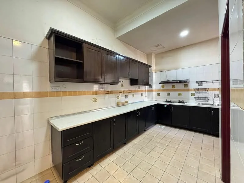 Kitchen features: dark wood cabinetry, white countertop, ceramic tile backsplash, cream tiled walls, light beige floor tiles, built-in oven, stainless-steel sink, single-bowl sink, chrome faucet, open shelving, under-cabinet lighting, kitchen hood, wall-mounted storage, drawer storage, counter space; style: modern.