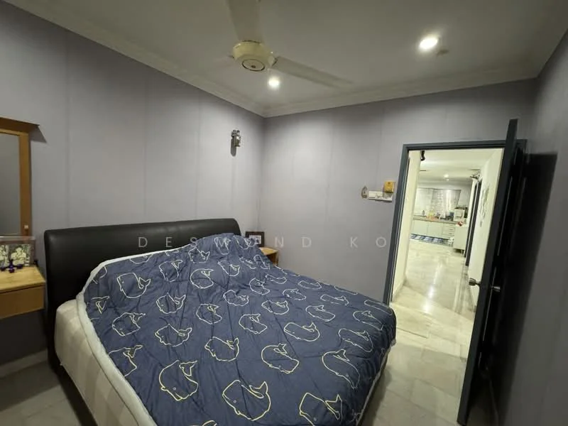 Bedroom features: king-size bed with patterned bedding, grey painted walls, marble flooring, ceiling fan with light, wall-mounted mirror, nightstand with drawer, doorway leading to hallway, recessed lighting; style: modern.