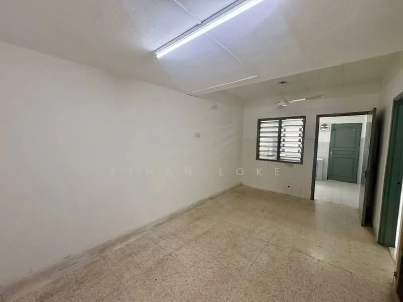 Room features: white painted walls, exposed ceiling, ceiling fan, terrazzo flooring, window with horizontal slats, doorway leading to another room; style: minimalist.