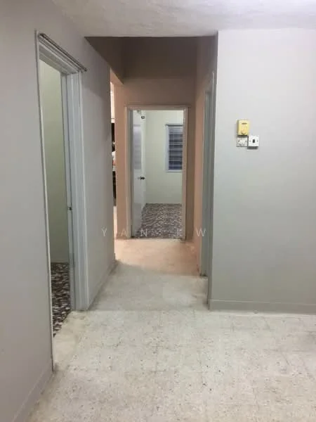 Room features: light grey painted walls, white ceiling, tile flooring, doorway leading to another room, doorway leading to bathroom, window with blinds, light switch, power outlet; style: minimalist.