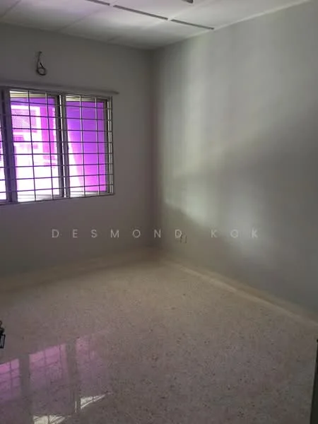 Room features: grey painted walls, glossy tile flooring, window with metal grille, natural light from window, corner room, no visible furniture, minimal decor; style: minimalist.