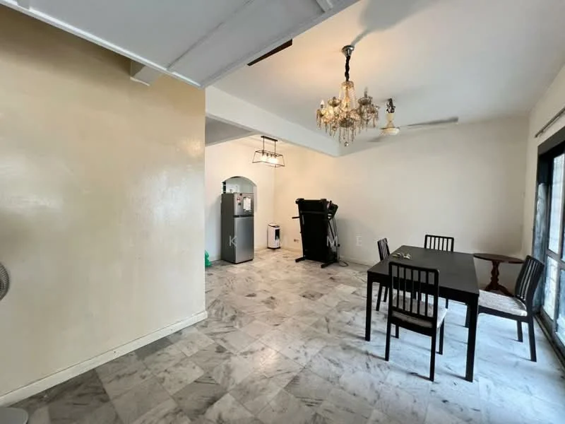 Dining features: marble flooring, cream painted walls, chandelier, dining table with 6 chairs, freestanding fan, large window with view, wall-mounted light fixture, open layout to kitchen; style: modern. Kitchen features: stainless-steel fridge, kitchen cabinetry, open layout to dining area; style: modern.