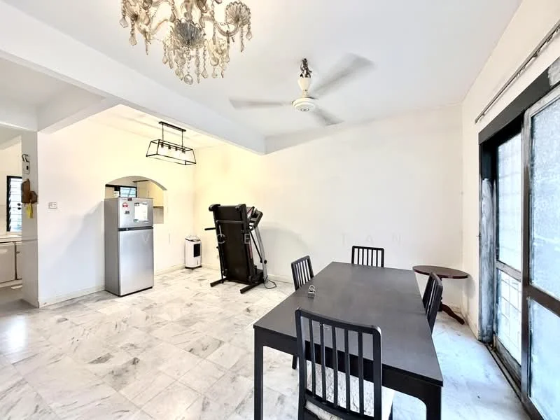 Dining features: marble flooring, white painted walls, 5-blade ceiling fan, chandelier, dining table with 4 black chairs, large window with sliding door, exercise machine, refrigerator, open layout; style: modern.