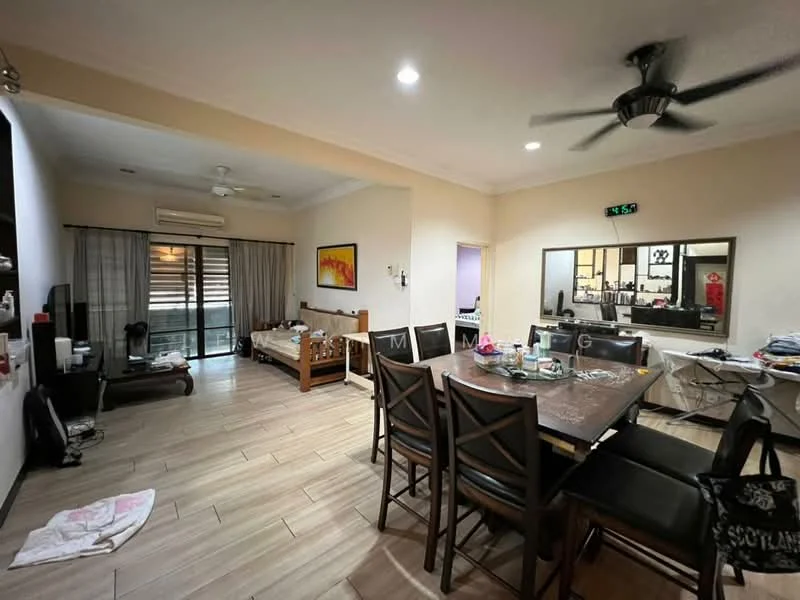 Living features: wooden flooring, ceiling fan, wall-mounted air conditioning unit, sofa, dining table with chairs, TV console, window with sheer curtains, decorative artwork on wall, open layout, light-colored painted walls; style: modern. Dining features: dining table with dark wood finish, 8 dining chairs, table set with dishes and utensils, light fixture above table; style: modern.