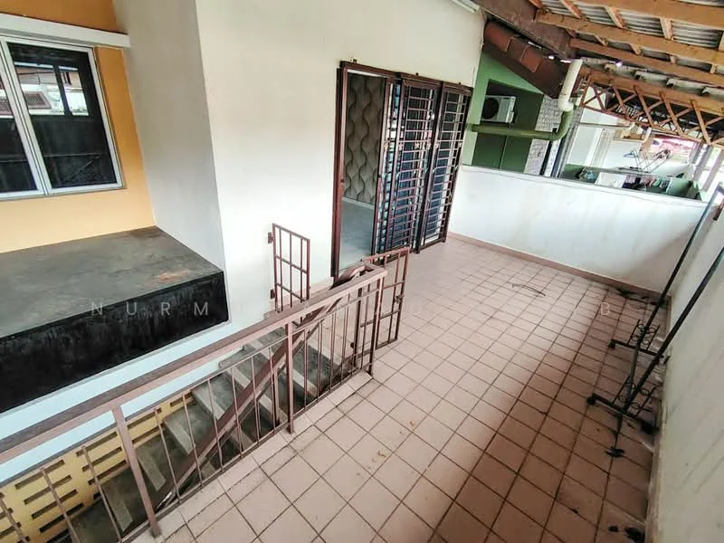 Room features: tiled flooring, exposed wooden beams on ceiling, metal railing, sliding glass door, windows with grilles, open balcony space, staircase leading down, white walls; style: modern.