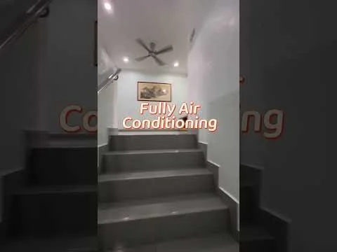 Room features: grey tile flooring, white painted walls, ceiling fan, wall-mounted air conditioning unit, framed artwork, staircase with handrail, recessed lighting; style: modern.